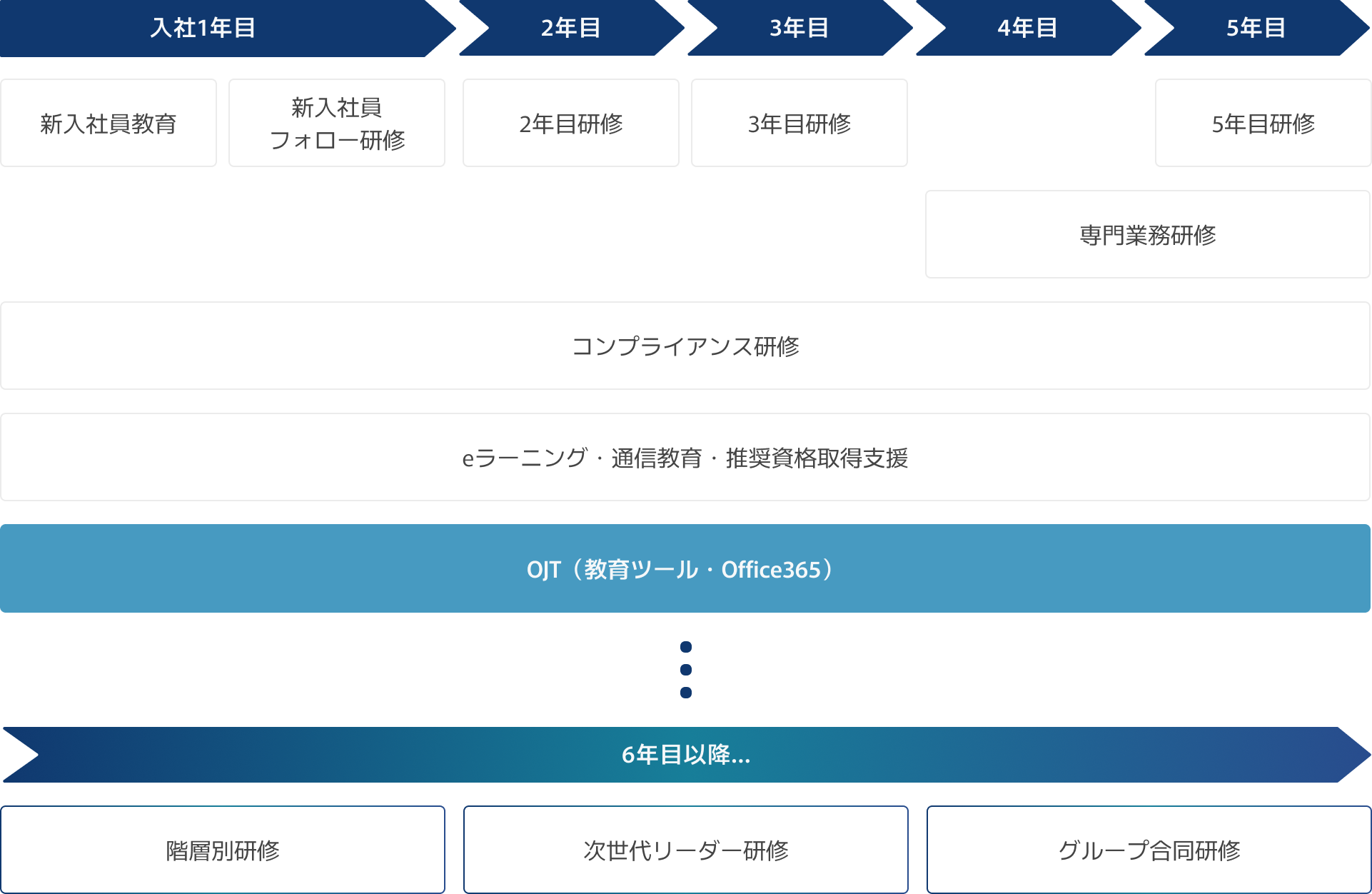 入社1年目 新入社員教育 新入社員フォロー研修、2年目 2年目研修、3年目 3年目研修、5年目 5年目研修、4年目・5年目 専門業務研修、コンプライアンス研修、eラーニング・通信教育・推奨資格取得支援、OJT（教育ツール・office365）、6年目以降...階層別研修、次世代リーダー研修、グループ合同研修